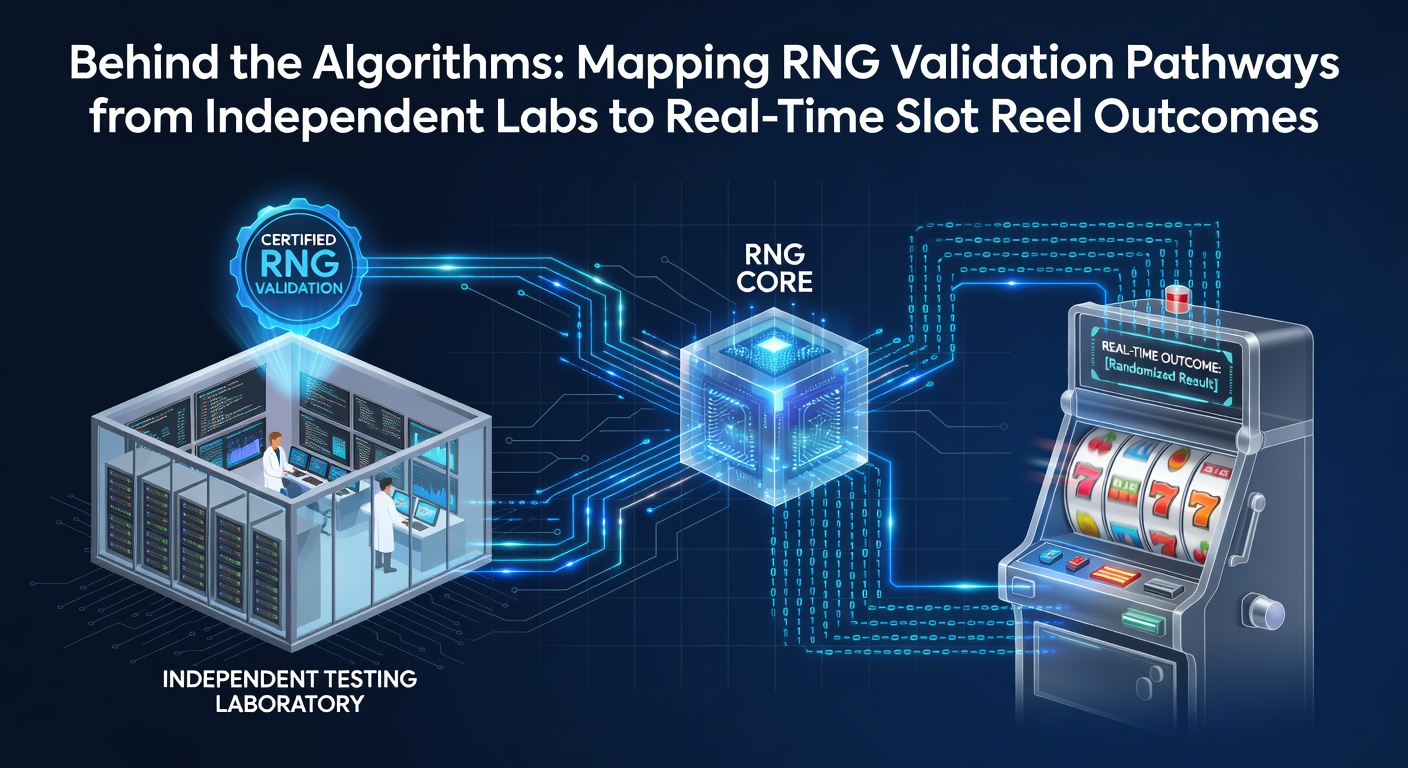 Technical diagram illustrating RNG validation pathways from independent laboratories through certification to live slot reel outcomes in gaming systems