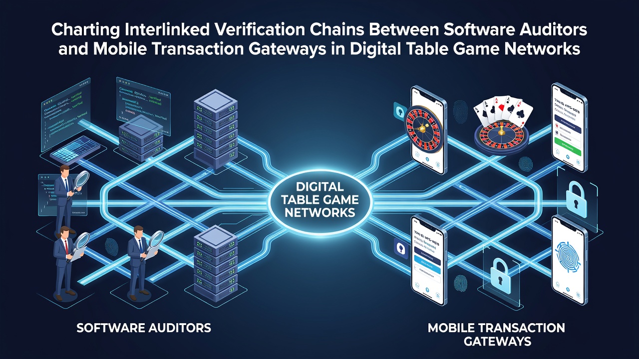 Illustration of interconnected verification chains linking software auditors with mobile transaction gateways in digital table game networks