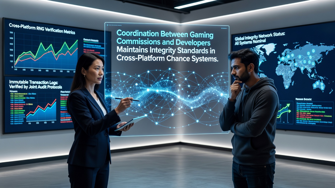 Gaming commission officials and developers reviewing cross-platform chance system protocols during a coordination meeting
