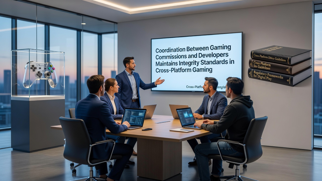 Developers testing RNG integrity across mobile and desktop platforms in a certification lab
