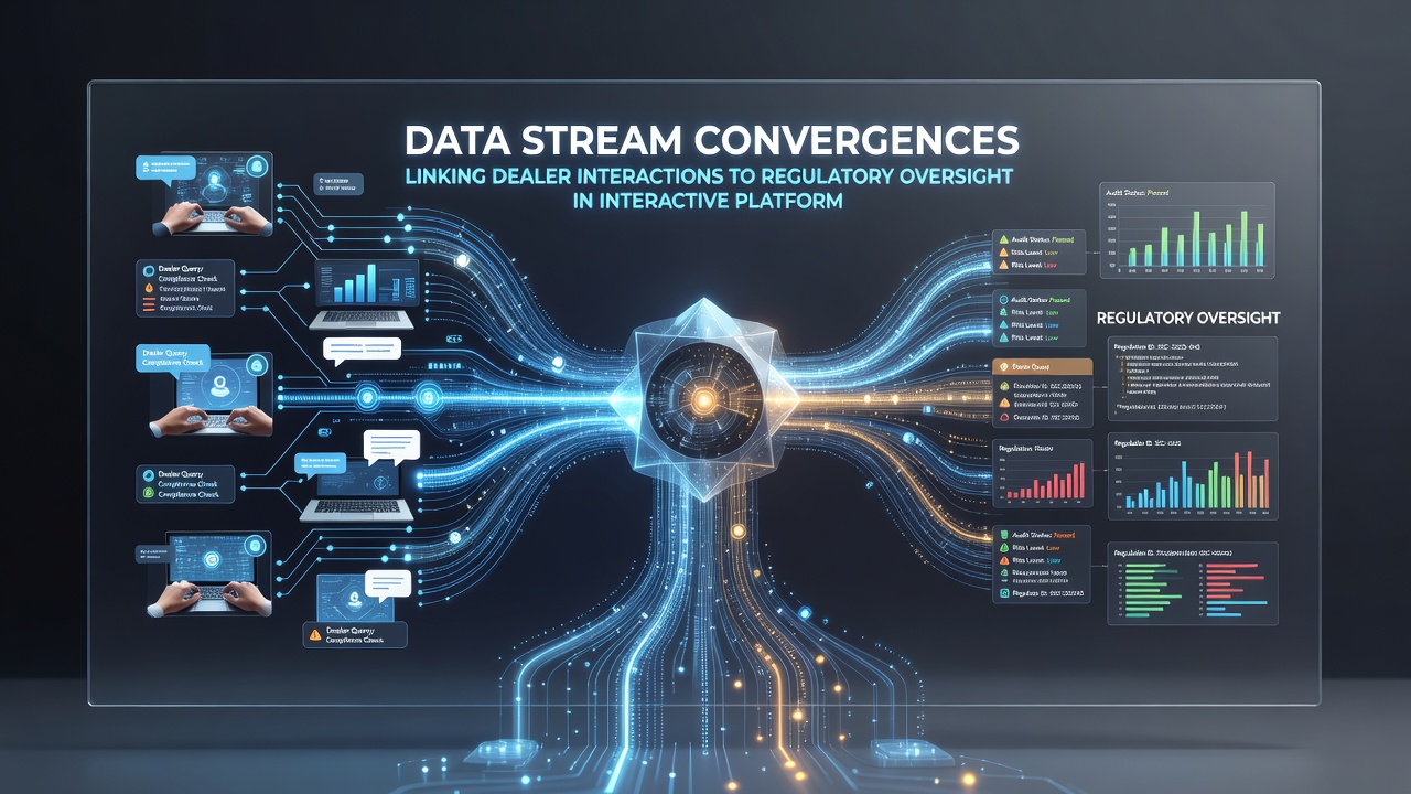 Regulatory analysts reviewing converged data streams from interactive dealer platforms