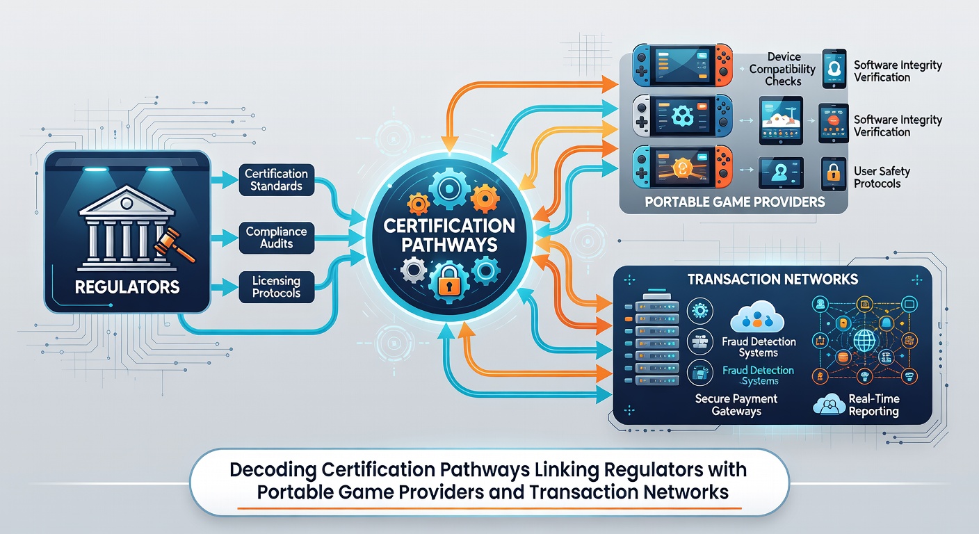 Mobile game certification process illustration with regulators and payment systems