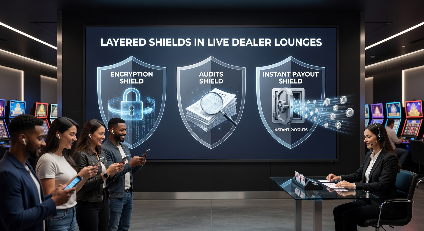 Digital shields overlaying a live dealer blackjack table on a mobile screen, symbolizing multi-layered security for online gaming