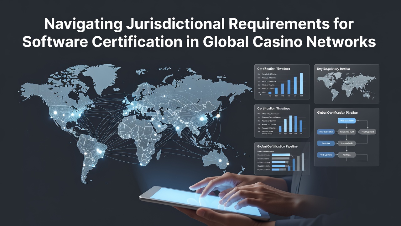 Global map highlighting casino regulatory jurisdictions and software certification pathways across continents