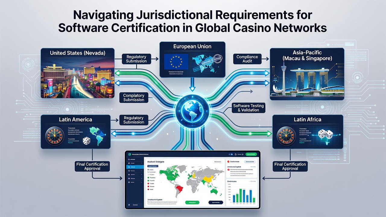 Software certification process flowchart showing labs, regulators, and casino network integration points