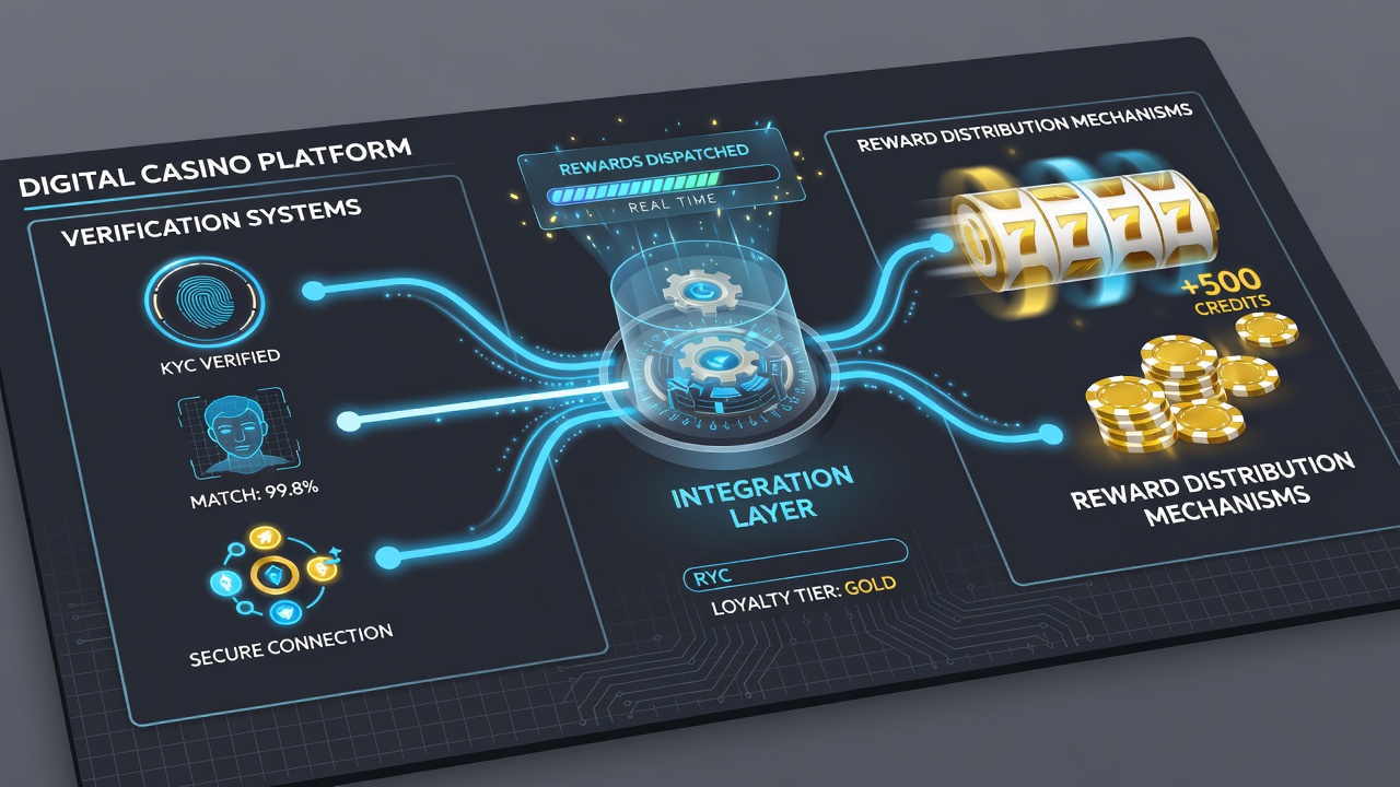 Backend architecture diagram of casino verification and reward systems