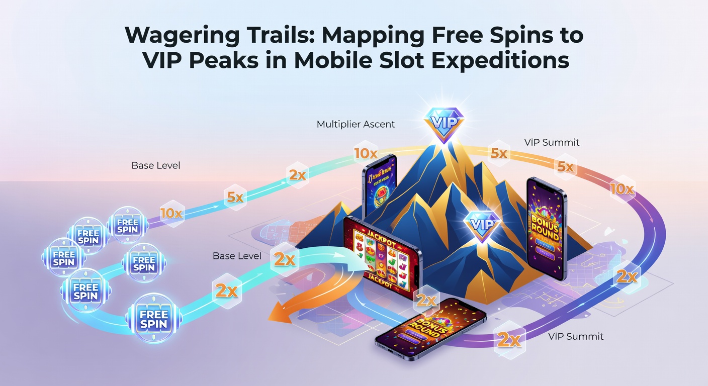 Infographic depicting a winding trail from free spins icons at the base of a mountain to VIP peak summit with luxury rewards, jackpot symbols, and mobile device overlays